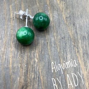 silver Imperial jade 8mm round gemstone studs earrings